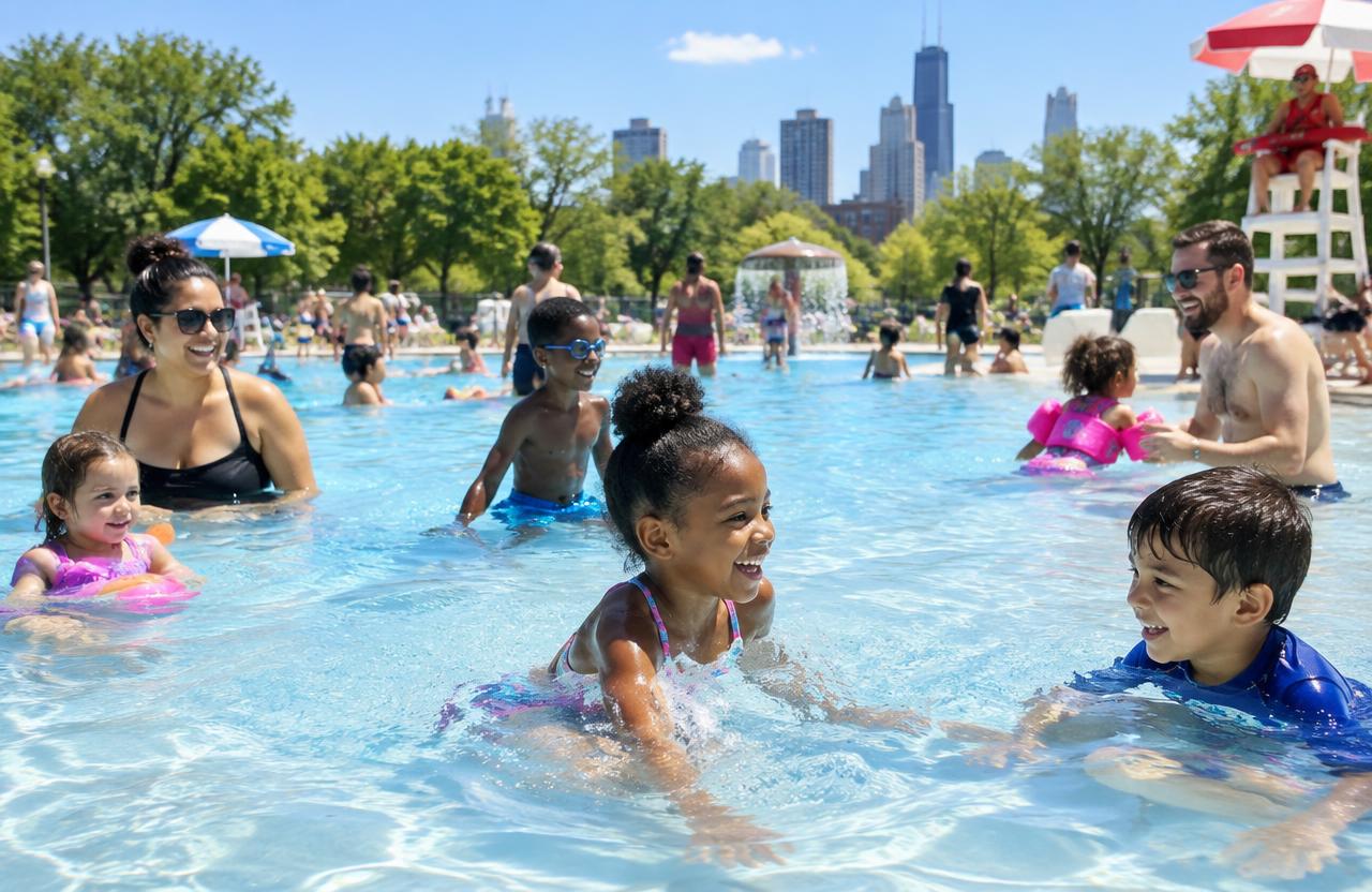 Children and parents splashing in an outdoor pool